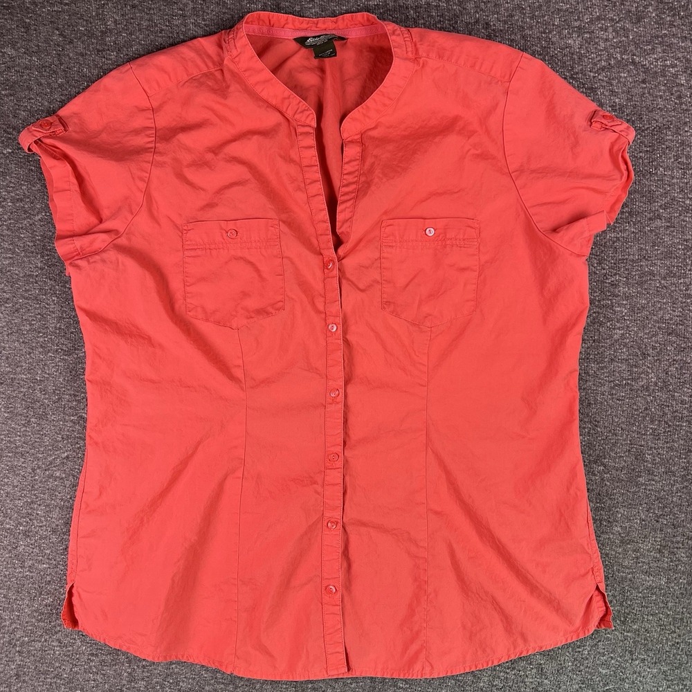 Eddie Bauer Blouse Shirt Womens XL Red Pockets Button Up 100% Cotton Lightweight